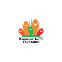 Manusher Jonno Foundation. 
The logo depicts stylized human figures in orange, red, and green, arranged in a radiating pattern to symbolize community and growth. 
These figures sit atop a green base resembling a grassy field. Below, the words 'Manusher Jonno Foundation' are displayed in bold, black, 
sans-serif font, with 'Manusher Jonno' above 'Foundation.'