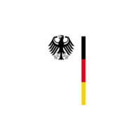 A simplified representation of the German coat of arms and flag. 

The coat of arms, centered, displays a black stylized eagle with outstretched wings, outlined against a white background. 

A vertical German flag (black, red, and gold) is positioned to the right of and adjacent to the coat of arms.  The vertical flag occupies a very narrow space against the white background.