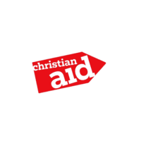 Christian Aid logo. 
A red, arrow-shaped rectangle.  The words 'Christian' and 'Aid' are written in large, bold, white capital letters. 
The word 'Christian is above the word 'Aid'. The overall design is simple, and the colors are vibrant. 
The letters are clearly defined and prominent against the background. The shape of the logo is an arrowhead, pointed towards the right